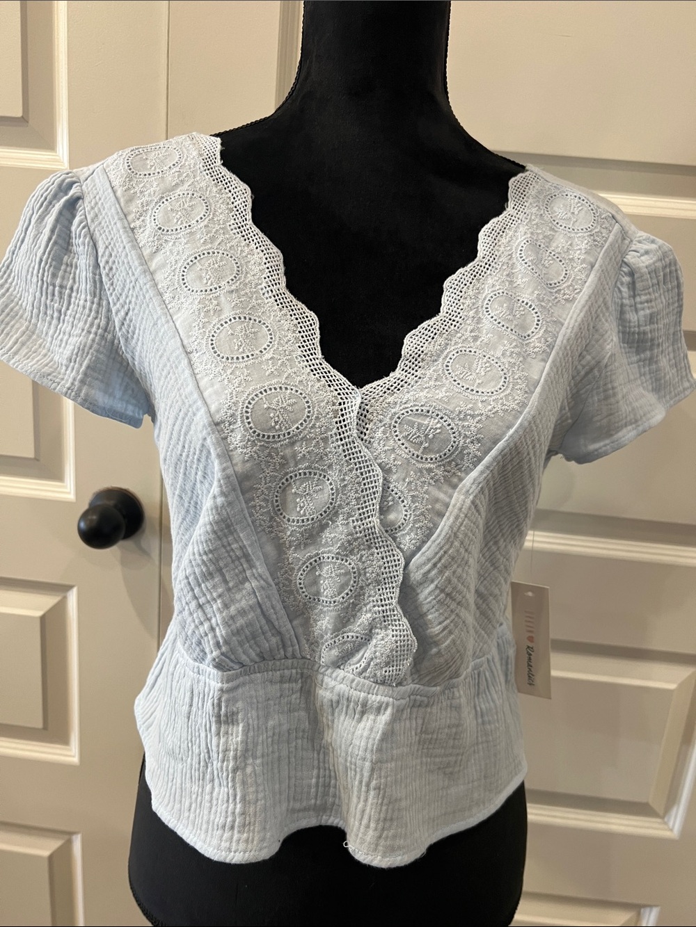 NWT Urban Romantics Light Blue Embroidered V-Neck Women’s Top Sz L 100% Cotton